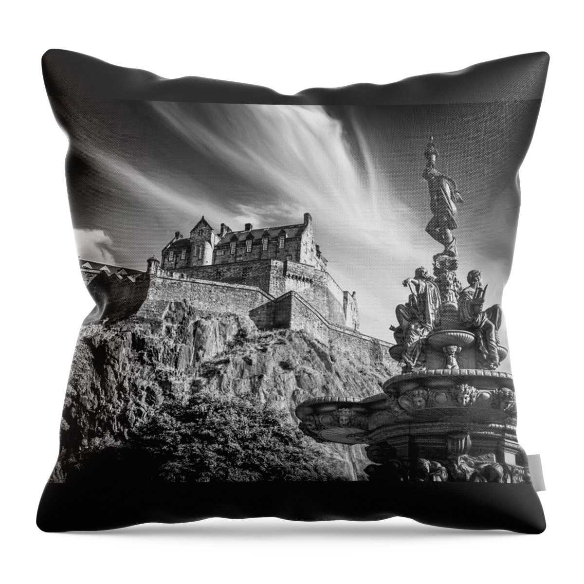 Edinburgh Castle Throw Pillow featuring the photograph Edinburgh Castle Scotland Black and White by Carol Japp