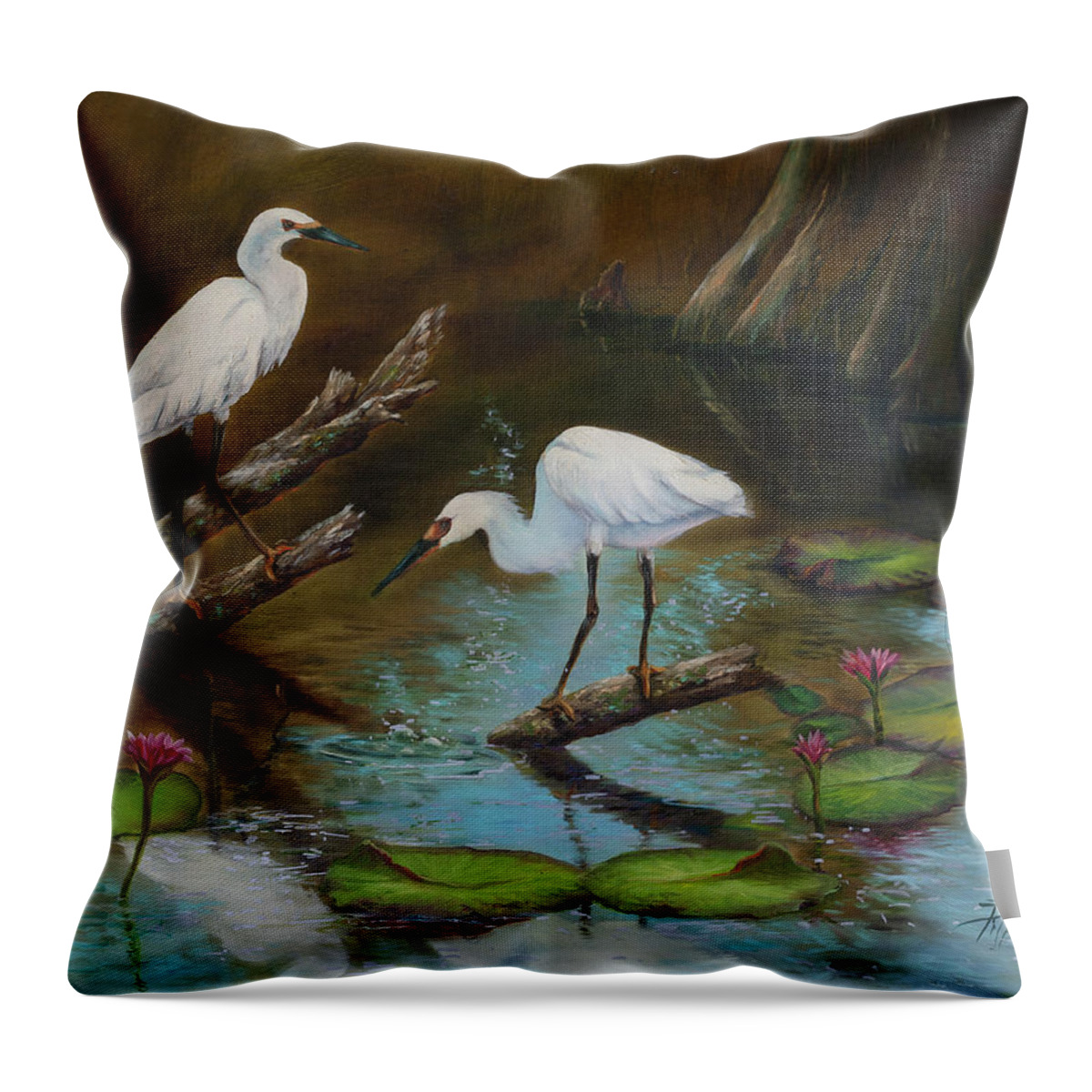 Egrets Throw Pillow featuring the painting Two Egrets--Missed Again by Lynne Pittard