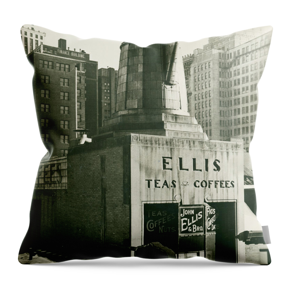Ellis Teas;and Coffees Throw Pillow featuring the mixed media Ellis Tea and Coffee Store, 1945 by Jacob Stelman