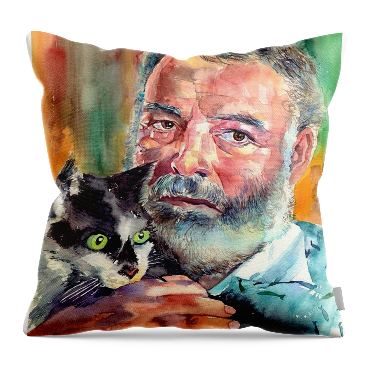 Ernest Miller Hemingway Throw Pillow featuring the painting Ernest Hemingway Portrait by Suzann Sines