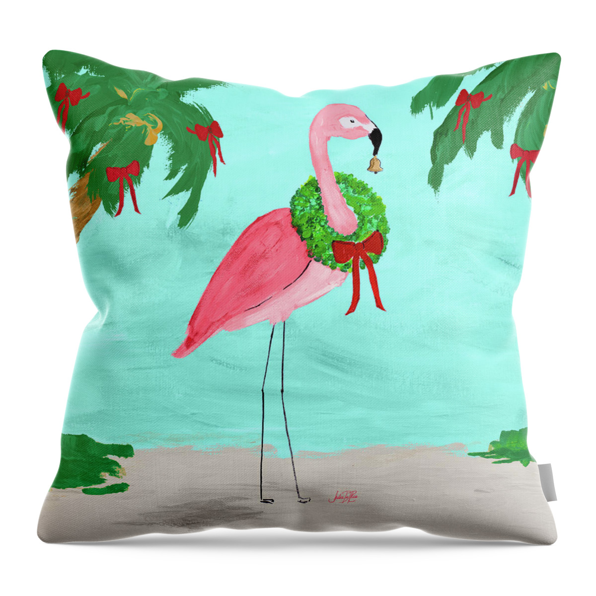 Flamingo Throw Pillow featuring the mixed media Fa La La La Flamingo Holiday I by Julie Derice
