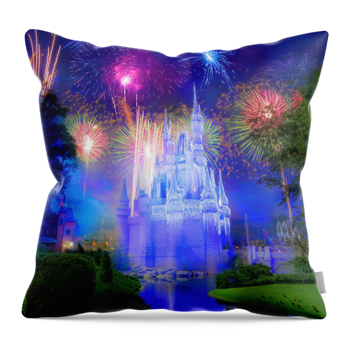 Magic Kingdom Throw Pillow featuring the photograph Fantasy in the Sky Fireworks at Walt Disney World by Mark Andrew Thomas