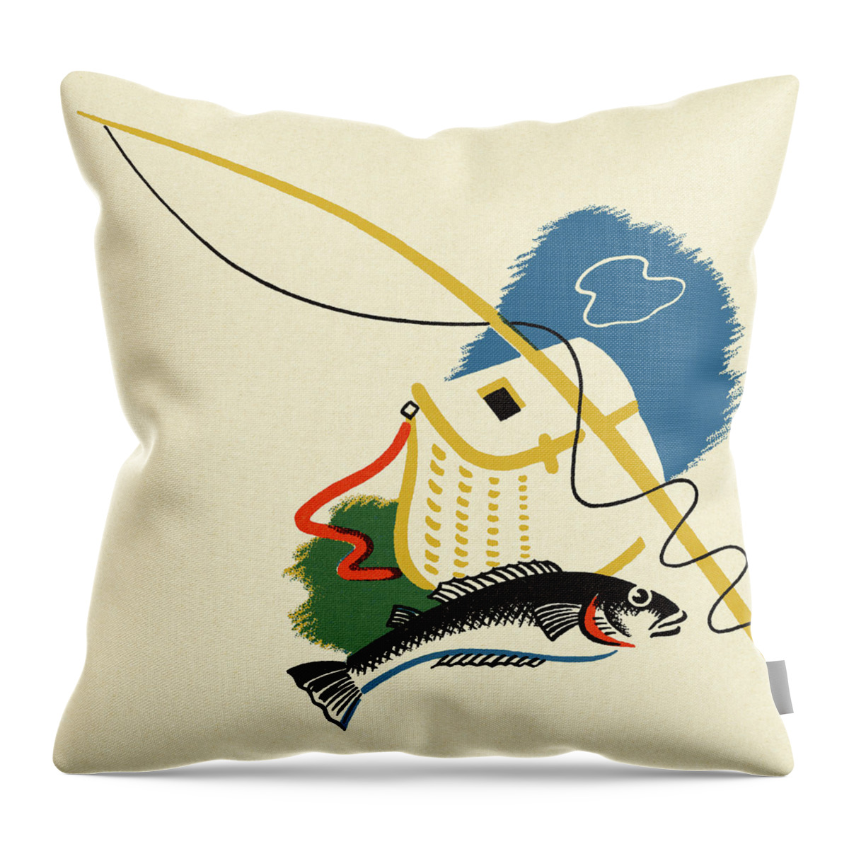 Fish Next to a Fishing Pole and Creel Throw Pillow by CSA Images - Fine Art  America