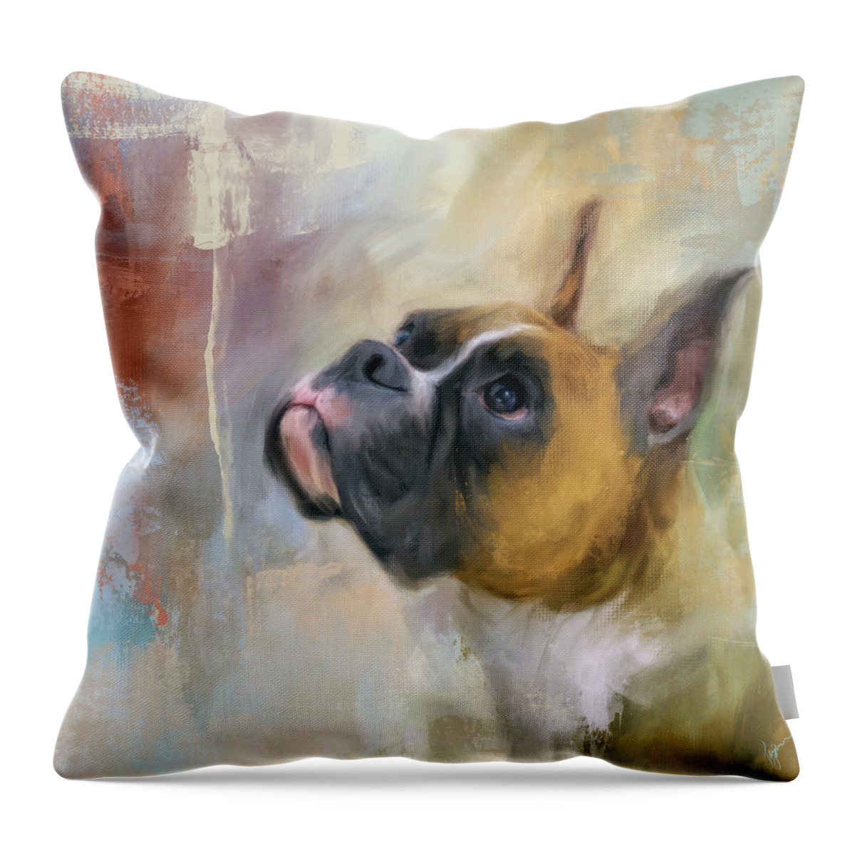 Colorful Throw Pillow featuring the painting Flashy Fawn Boxer by Jai Johnson