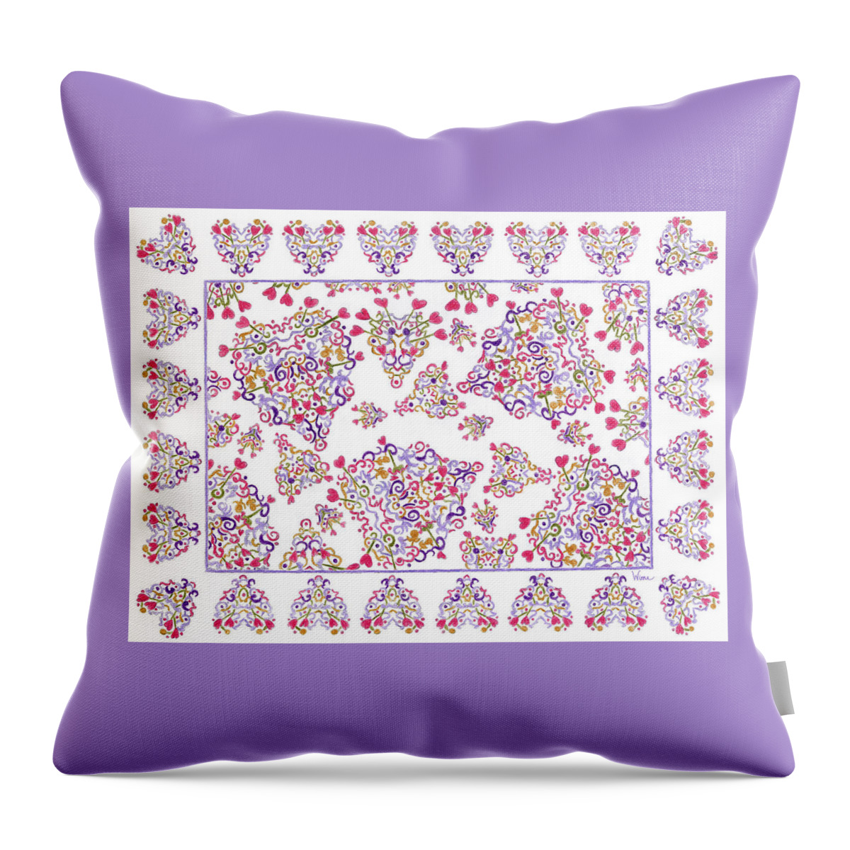 Lise Winne Throw Pillow featuring the drawing Floating Hearts with Border by Lise Winne