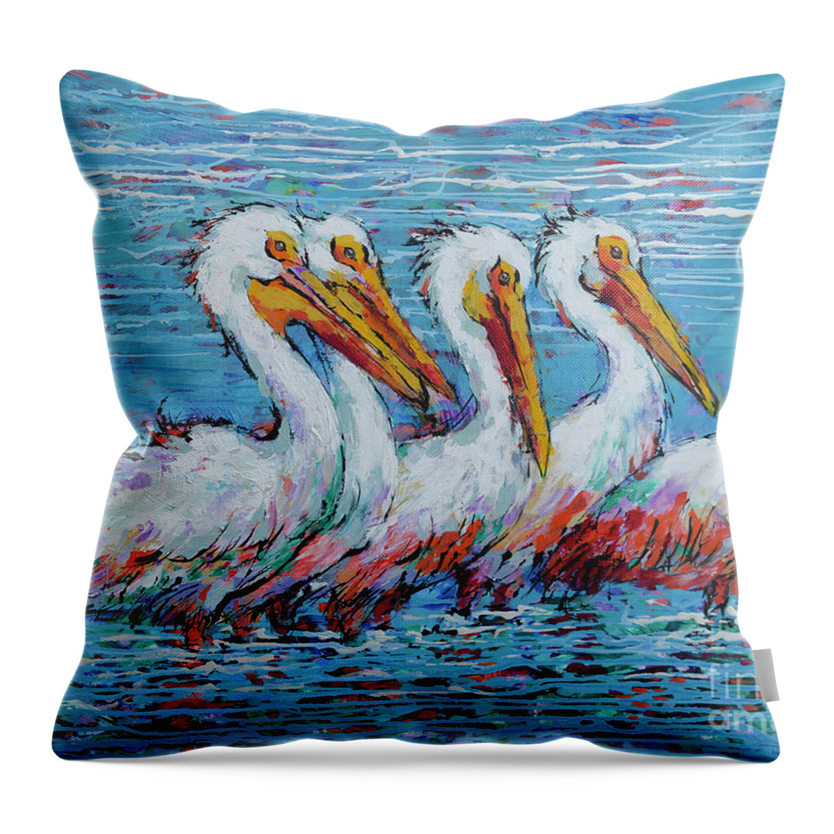  Throw Pillow featuring the painting Flock Of White Pelicans by Jyotika Shroff