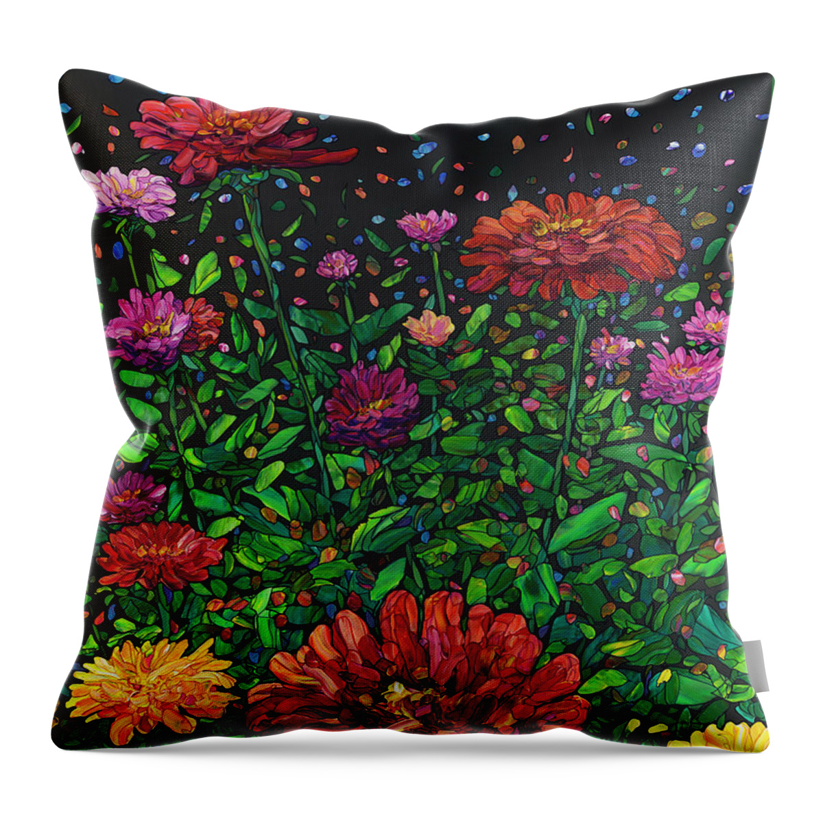 Flowers Throw Pillow featuring the painting Floral Interpretation - Zinnias by James W Johnson