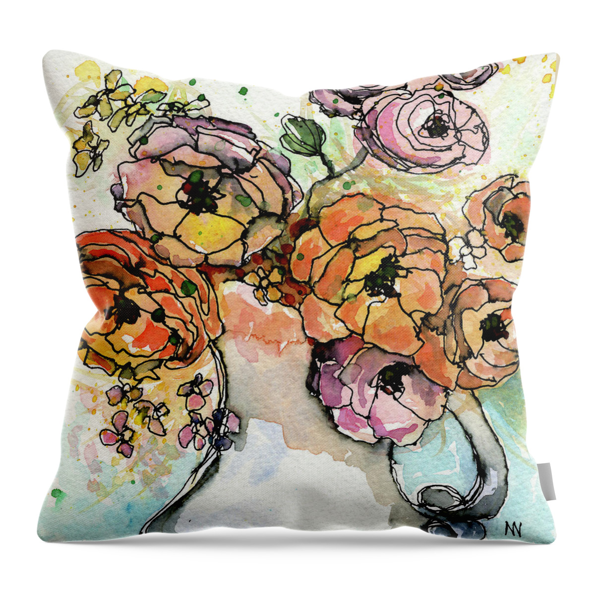 Watercolor Throw Pillow featuring the painting Flowers in Pitcher by AnneMarie Welsh