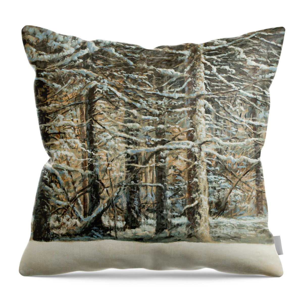 Winter Forest Throw Pillow featuring the painting Forest Front in Winter by Hans Egil Saele