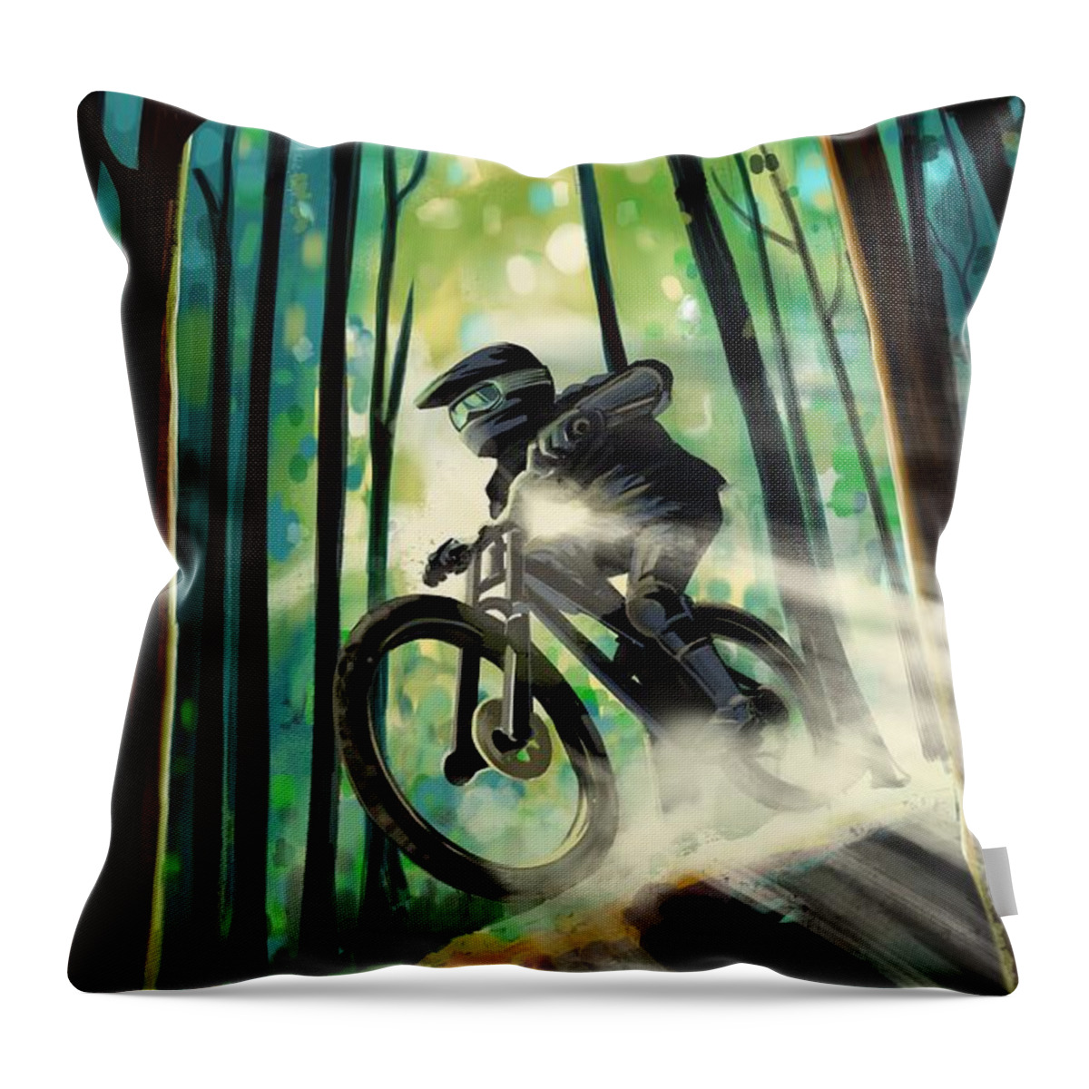 Mountain Bike Throw Pillow featuring the painting Forest jump mountain biker by Sassan Filsoof