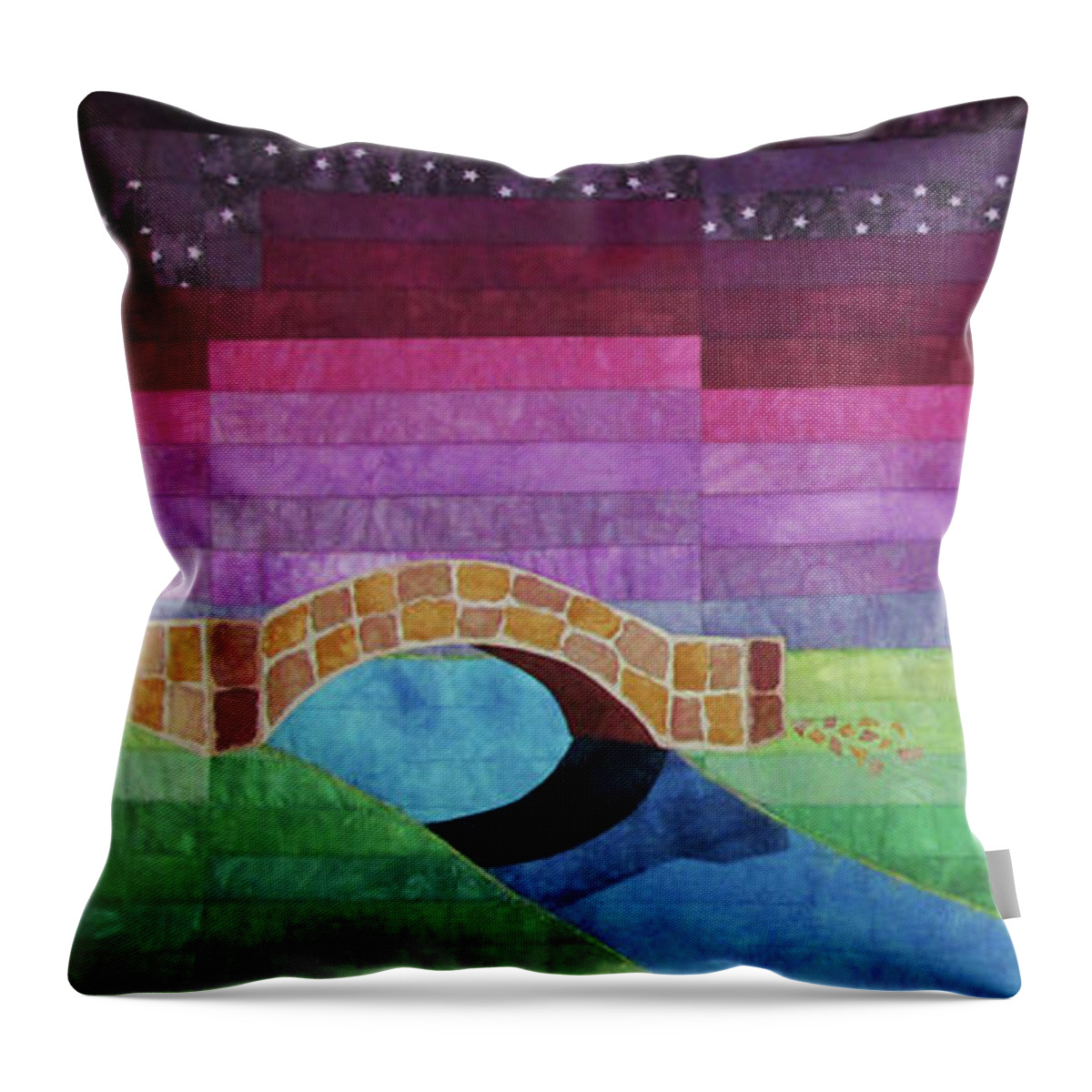Bridge Throw Pillow featuring the tapestry - textile Four Patch Bridge at Sunset by Pam Geisel