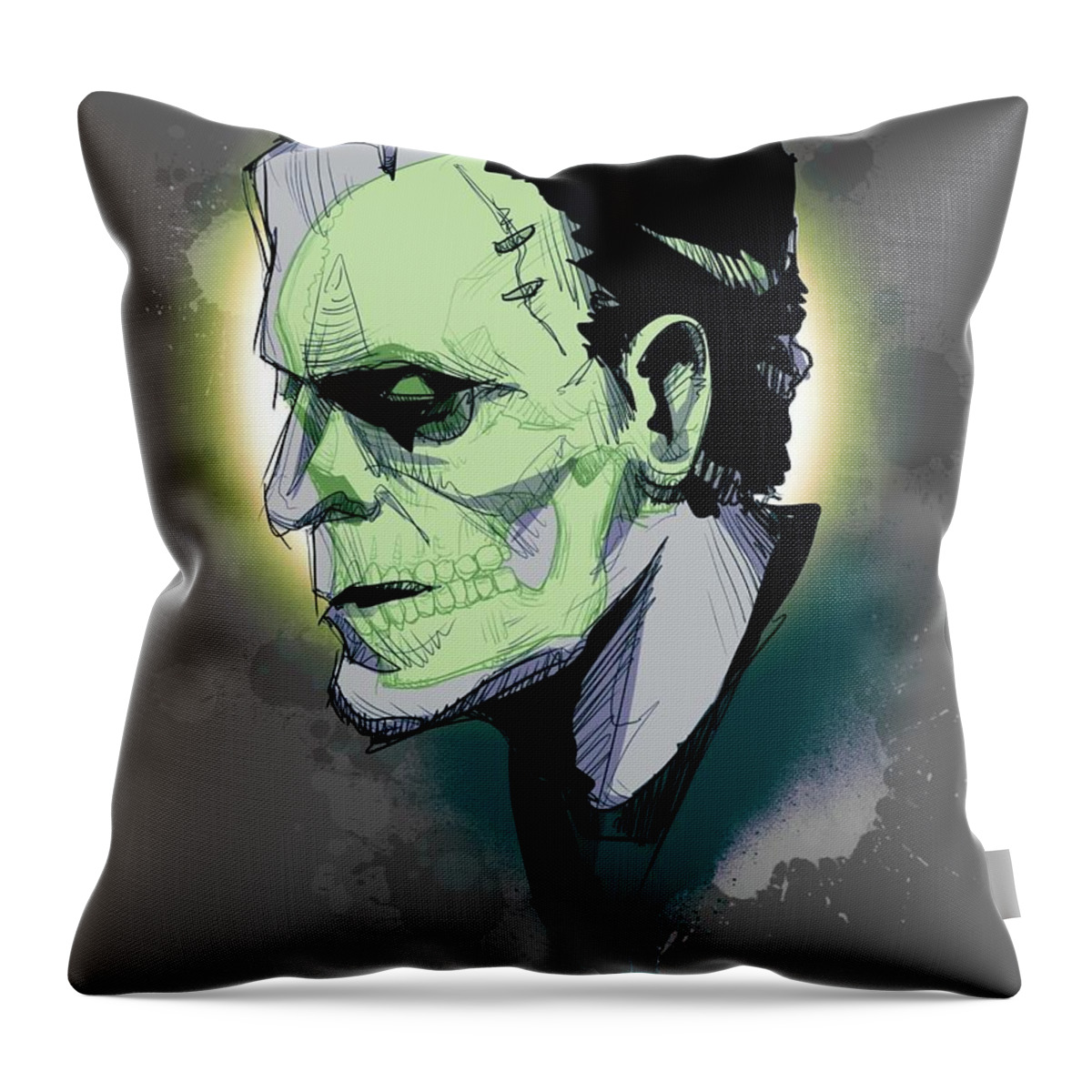 Skull Throw Pillow featuring the drawing FrankenSkull by Ludwig Van Bacon