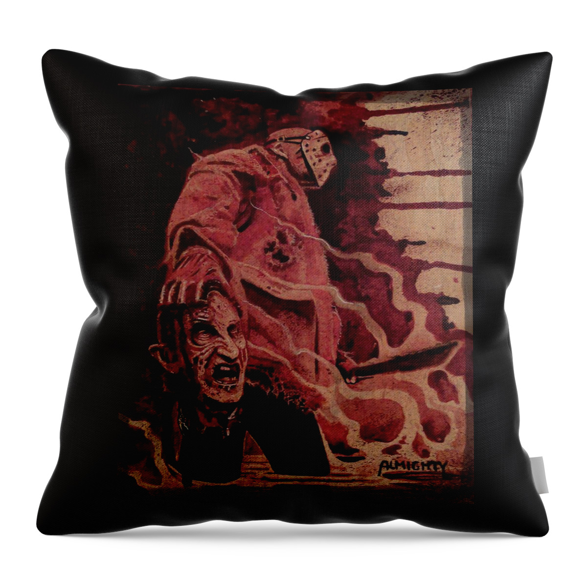 Ryanalmighty Throw Pillow featuring the painting FREDDY vs JASON by Ryan Almighty