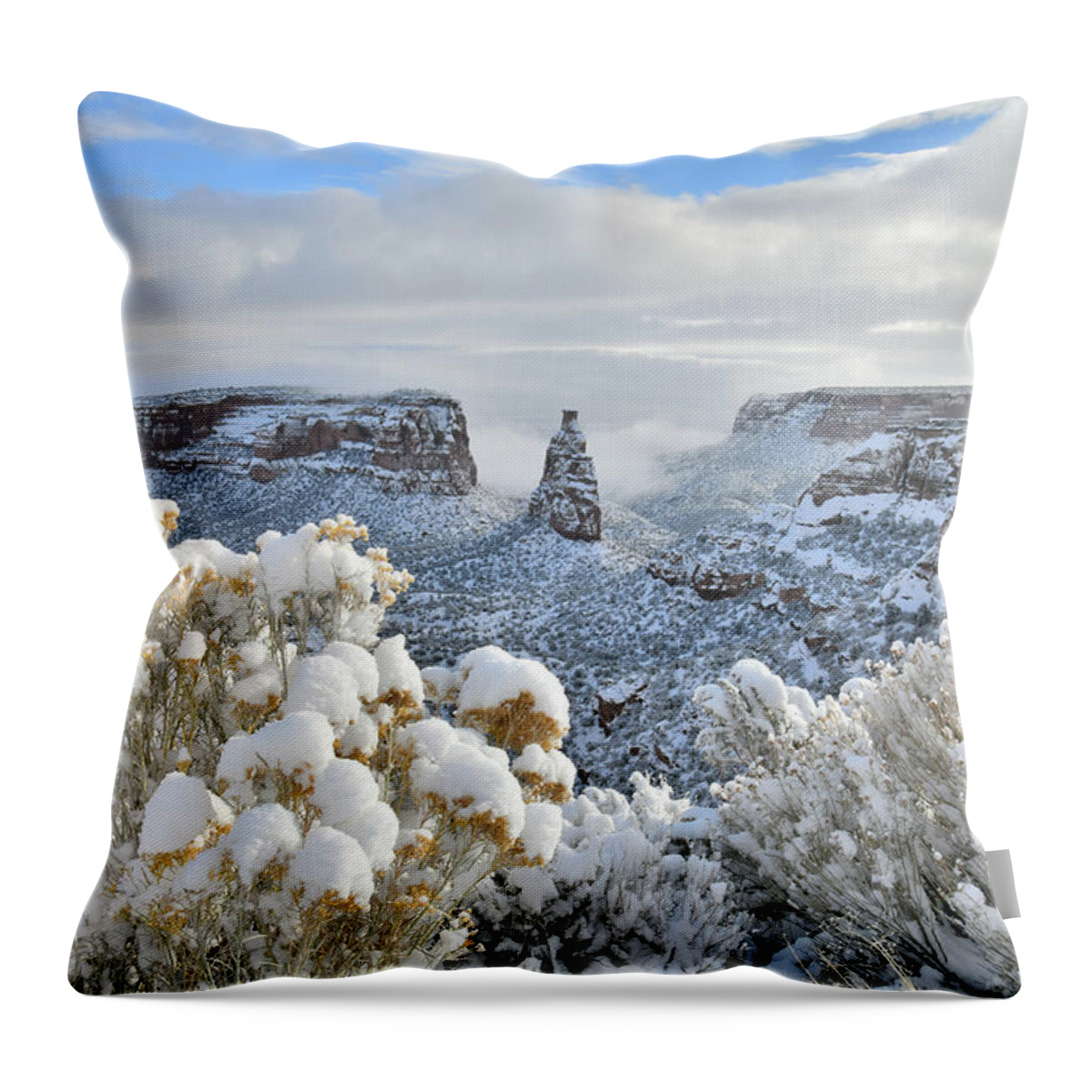 Colorado National Monument Throw Pillow featuring the photograph Fresh Snow at Independence Canyon by Ray Mathis