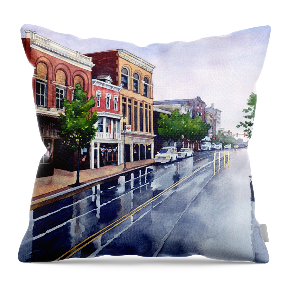 #landscape #cityscape #watercolor #rain #rainy #reflections #fineart #buildings Throw Pillow featuring the painting Gaslights and Afternoon Rain by Mick Williams