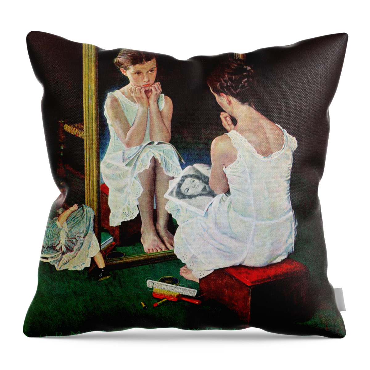 Actresses Throw Pillow featuring the drawing Girl At The Mirror by Norman Rockwell