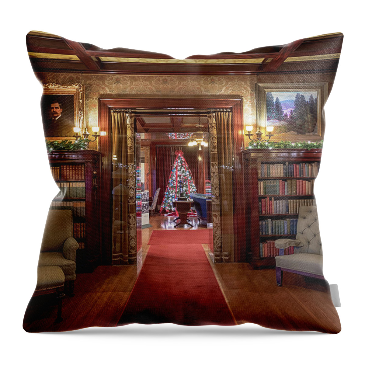 Glensheen Throw Pillow featuring the photograph Glensheen Library #3 by Susan Rissi Tregoning