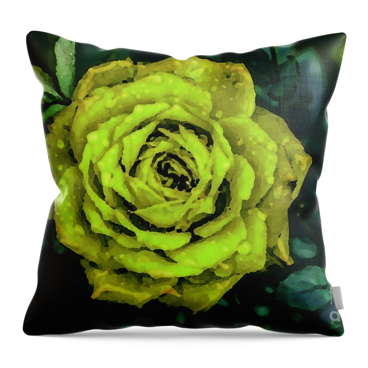 Yellow Rose Throw Pillow featuring the digital art Golden Night Rose by Bill King