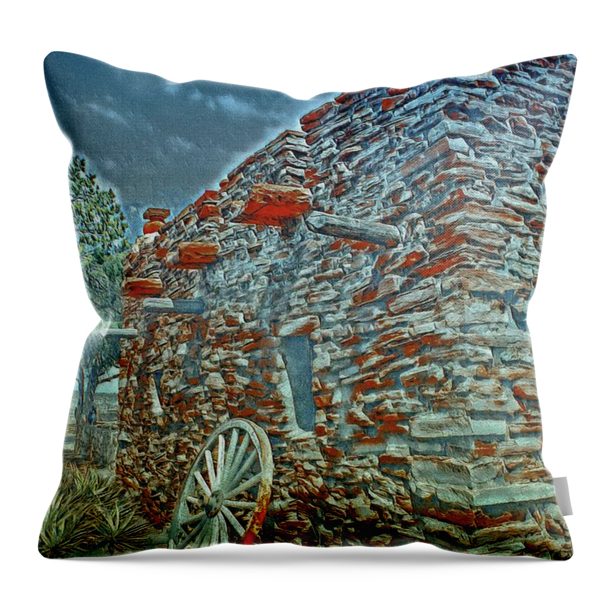 Grand Canyon. Southern Rim Grand Canyon Throw Pillow featuring the digital art Grand Canyon Stone House by Jerry Cahill