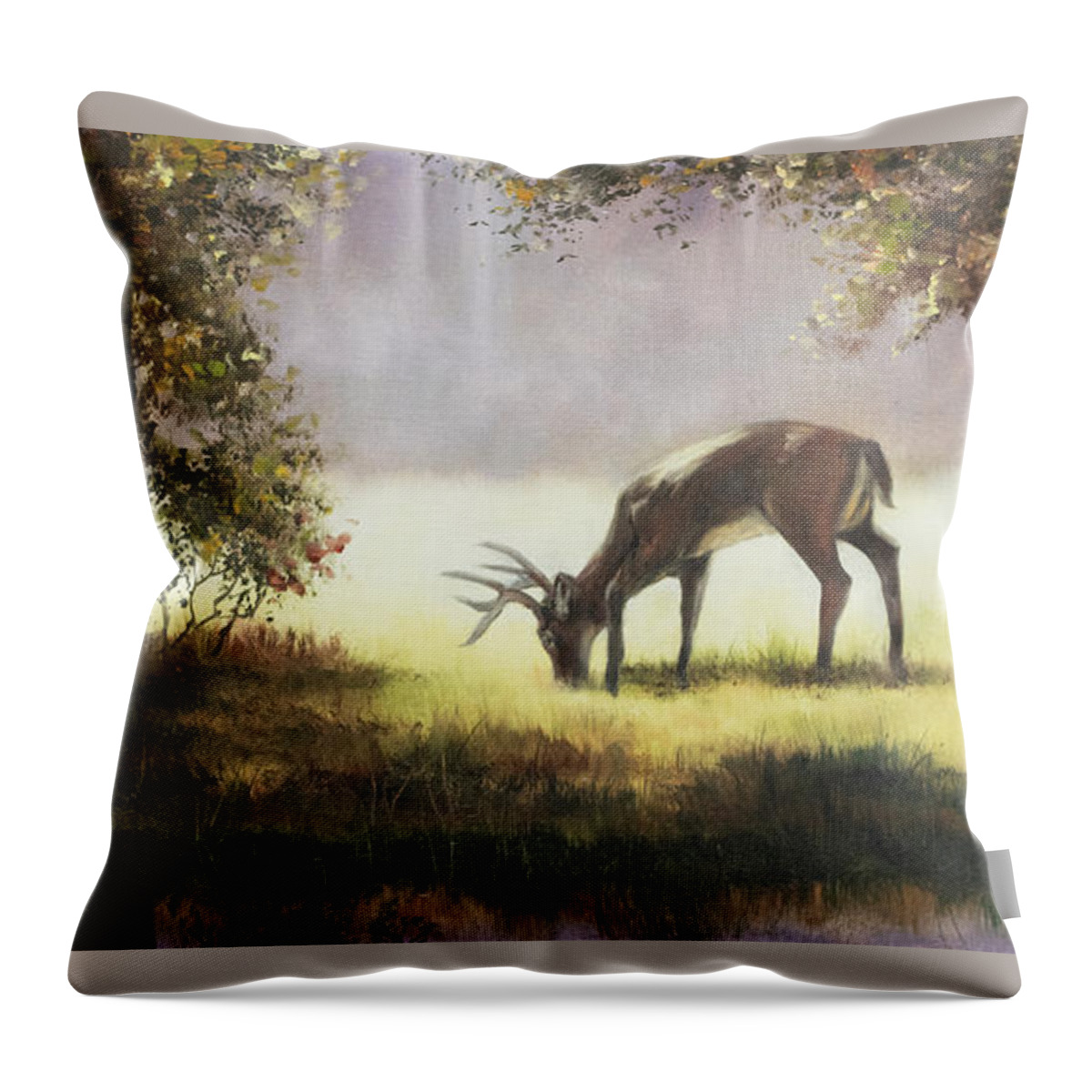 Grazing Deer Throw Pillow featuring the painting Grazing deer by Lynne Pittard