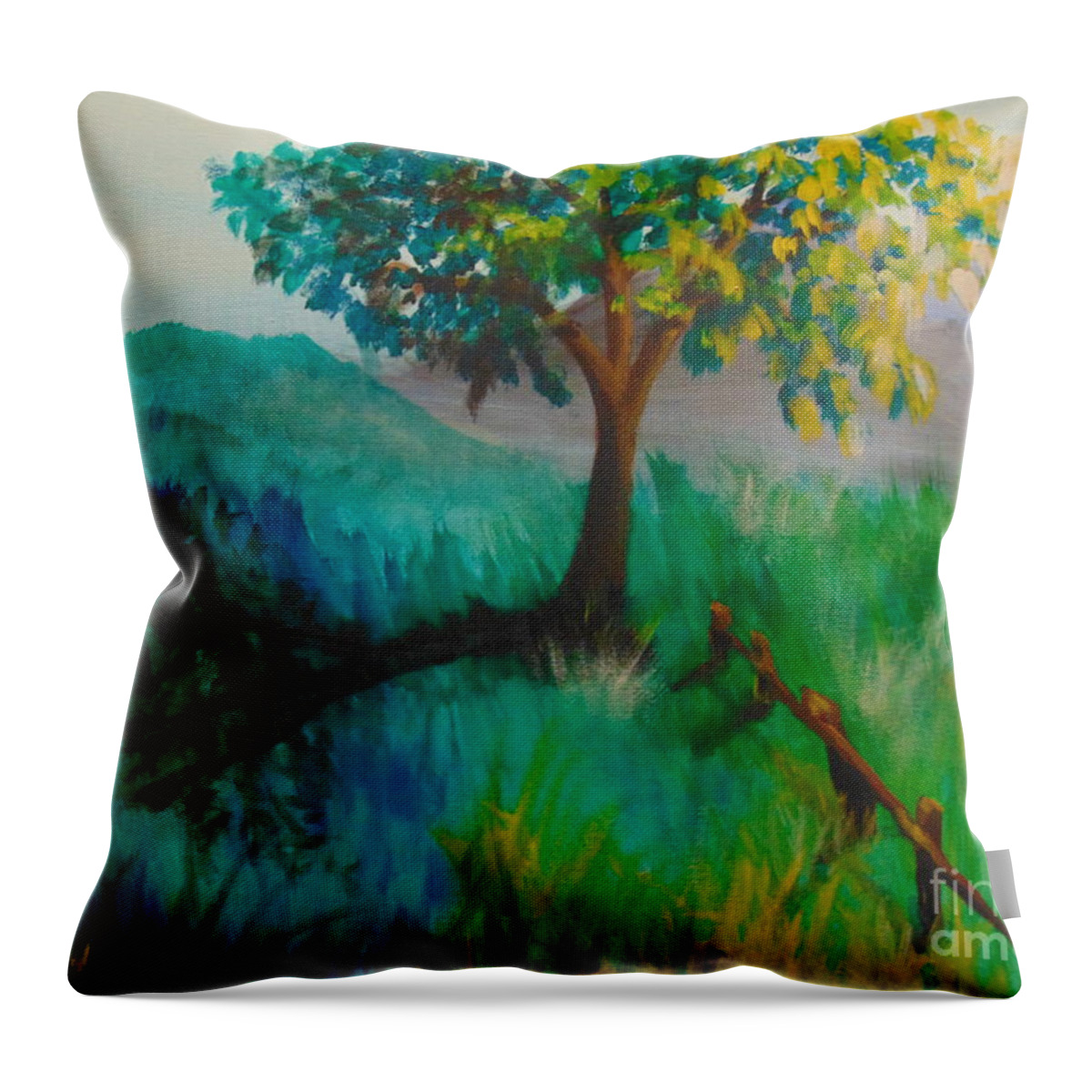 Green Throw Pillow featuring the painting Green Pastures by Saundra Johnson