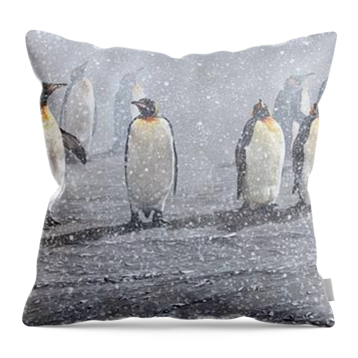 Alan M Hunt Throw Pillow featuring the painting Group of King Penguins in the Snow by Alan M Hunt