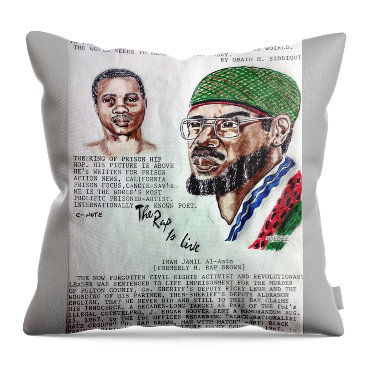 Black Art Throw Pillow featuring the drawing H. Rap Brown featuring C-Note by Joedee