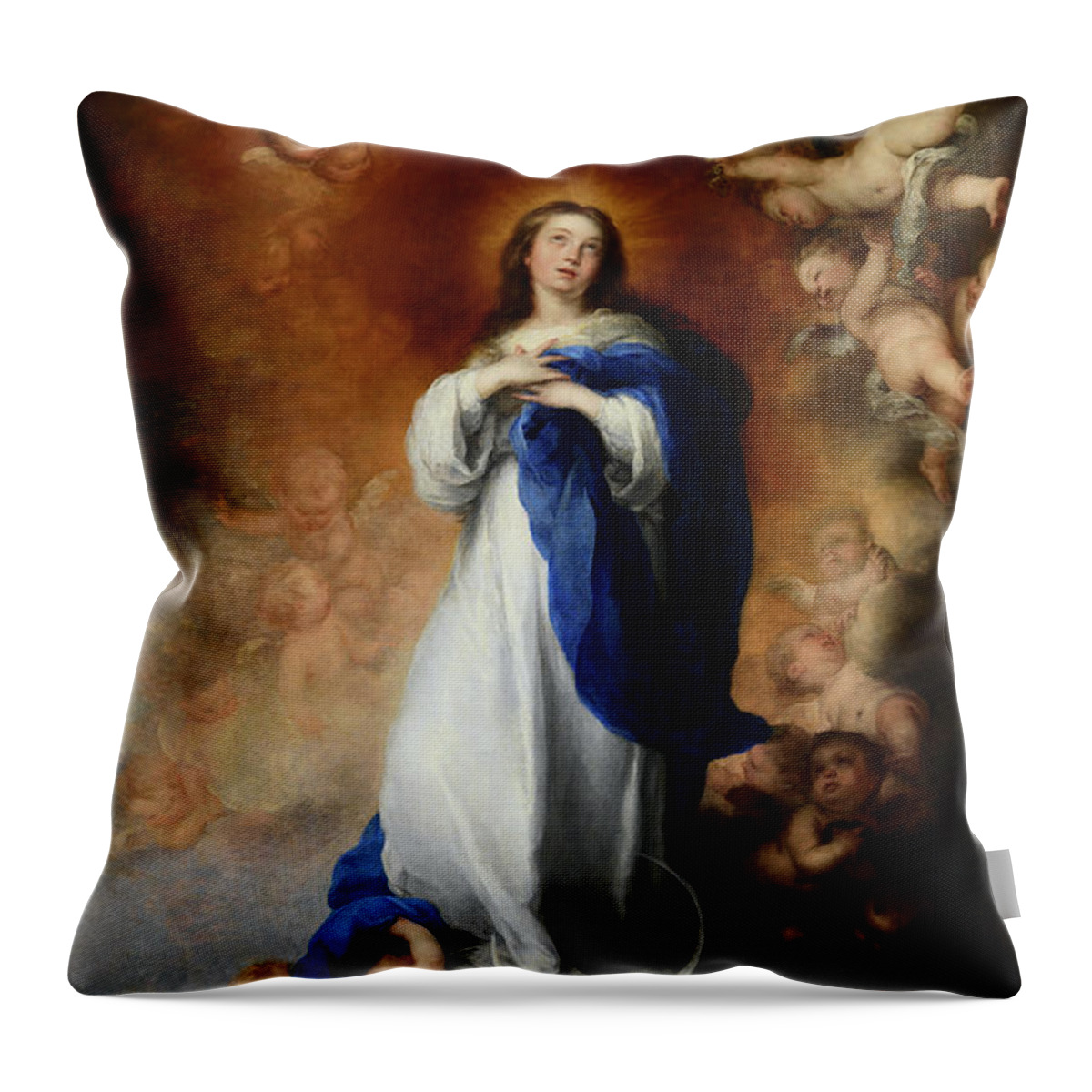 Annunciation Of The Blessed Virgin Mary Throw Pillow featuring the painting Immaculate Conception of Soult by Bartolome Esteban Murillo by Rolando Burbon