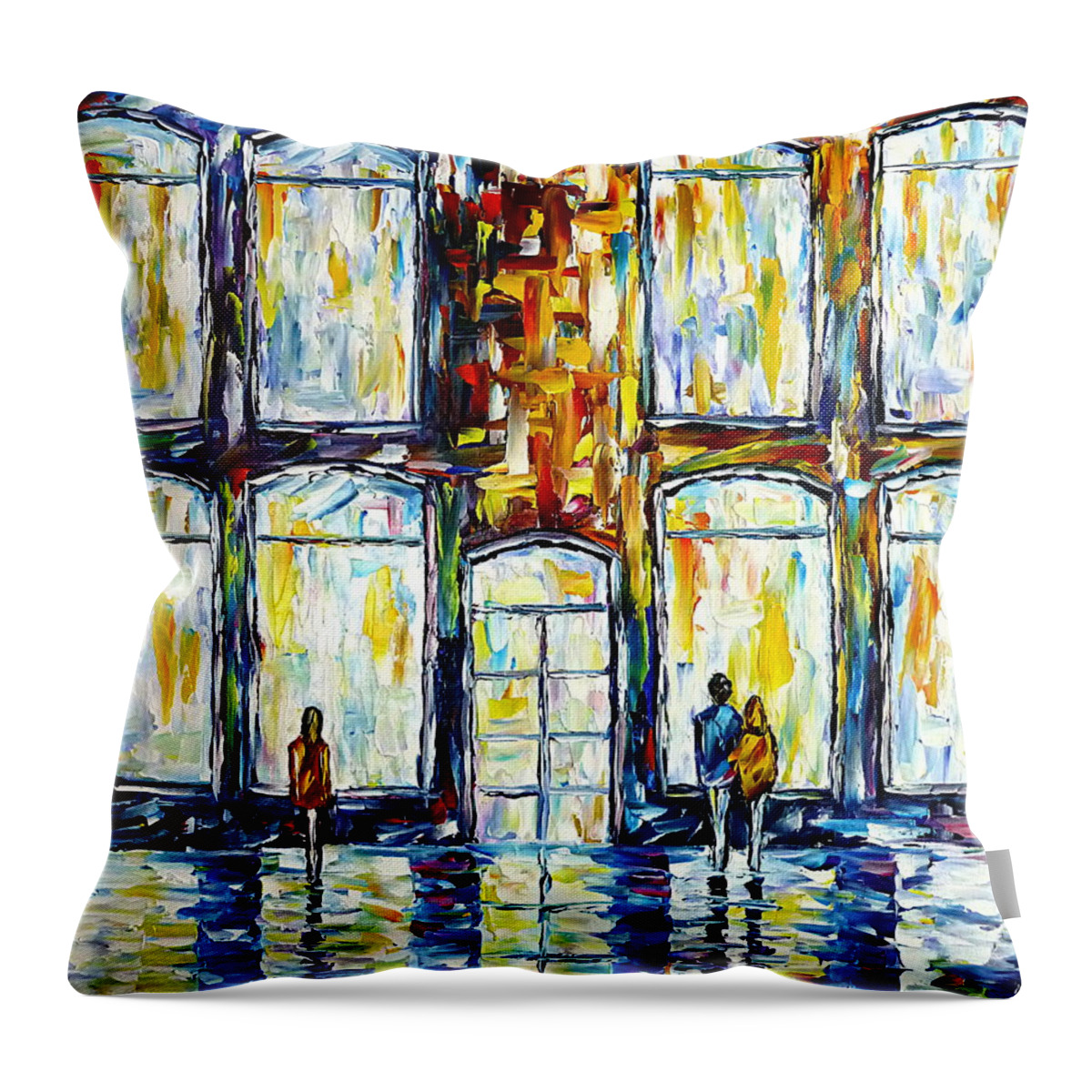 City Life Throw Pillow featuring the painting In Front Of Shop Windows by Mirek Kuzniar