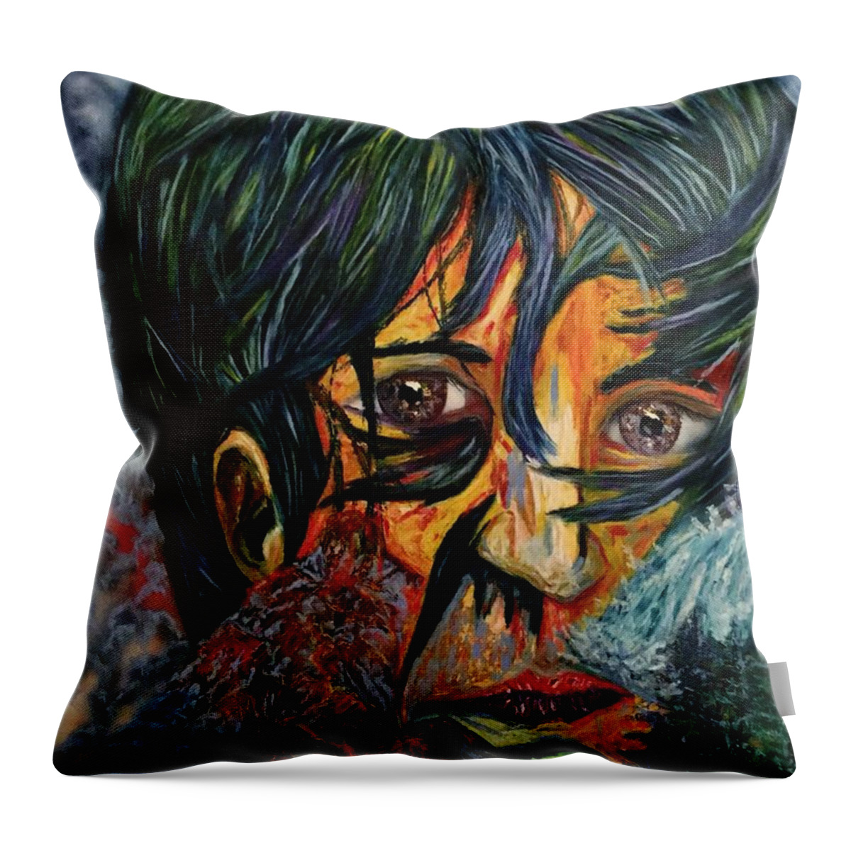 Oil Pastel Throw Pillow featuring the pastel In the Hall of the Mountain King-Portrait of Victor Guerrero by Angela Weddle