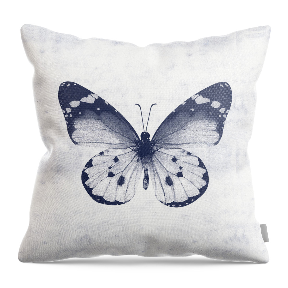 Butterfly White Blue Indigo Skeleton Butterfly Wings Modern Bohemianinsect Bug Garden Nature Organichome Decorairbnb Decorliving Room Artbedroom Artcorporate Artset Designgallery Wallart By Linda Woodsart For Interior Designersgreeting Cardpillowtotehospitality Arthotel Artart Licensing Throw Pillow featuring the mixed media Indigo and White Butterfly 1- Art by Linda Woods by Linda Woods