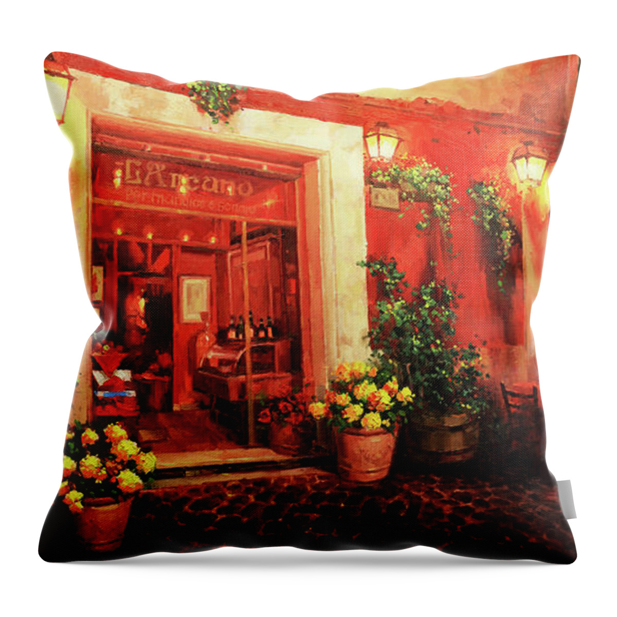 Romantic Evening Seating In Italian Street Cafe Scene Romantic Dinner Night Italian Restaurant With Outdoor Garden Night Cafe Small Alley Italy Italian Cafe Terrace Nightafter Rain Shop Throw Pillow featuring the painting Italian cafe terrace at night by Gary Kim