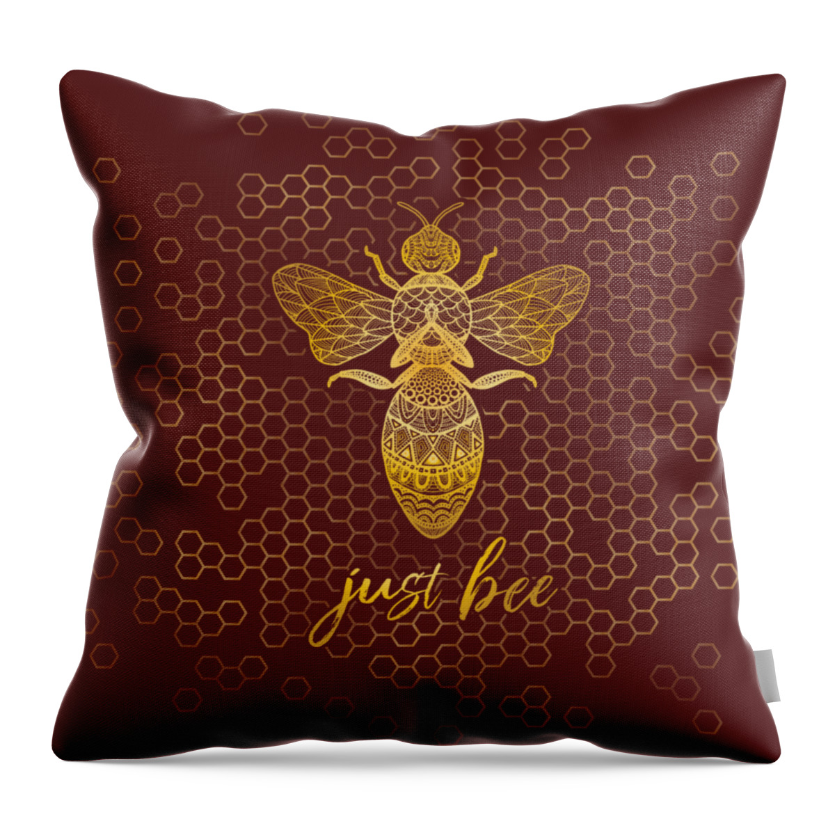Just Bee Throw Pillow featuring the digital art Just Bee - Geometric Zen Bee Meditating over Honeycomb Hive by Laura Ostrowski