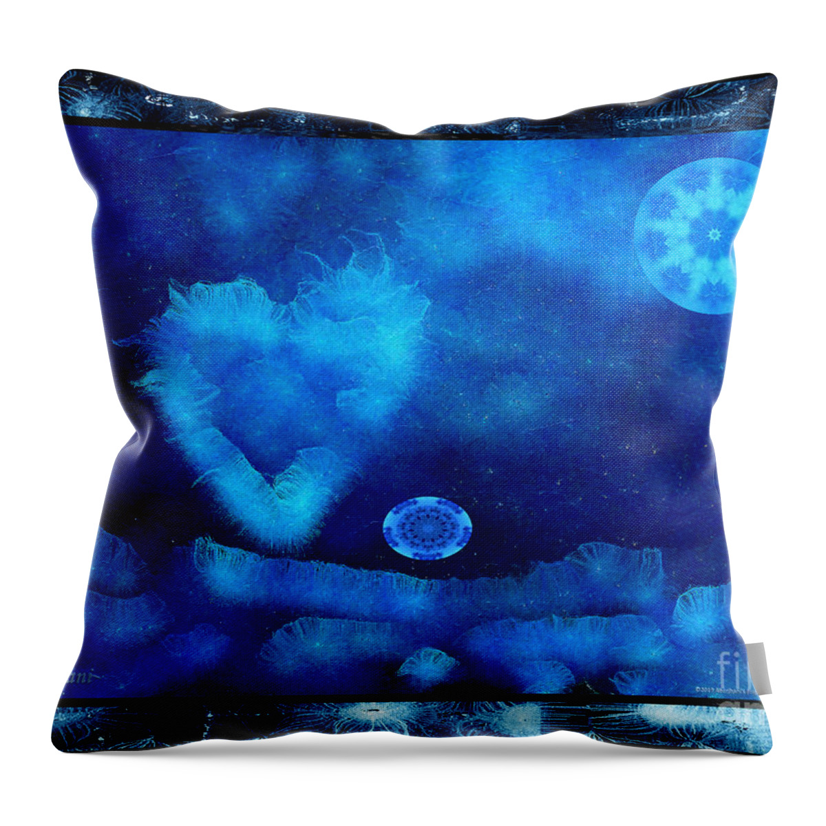 Moon Throw Pillow featuring the digital art Kaleidoscope Moon for Children Gone Too Soon Number 4 - Cerulean Valentine by Aberjhani
