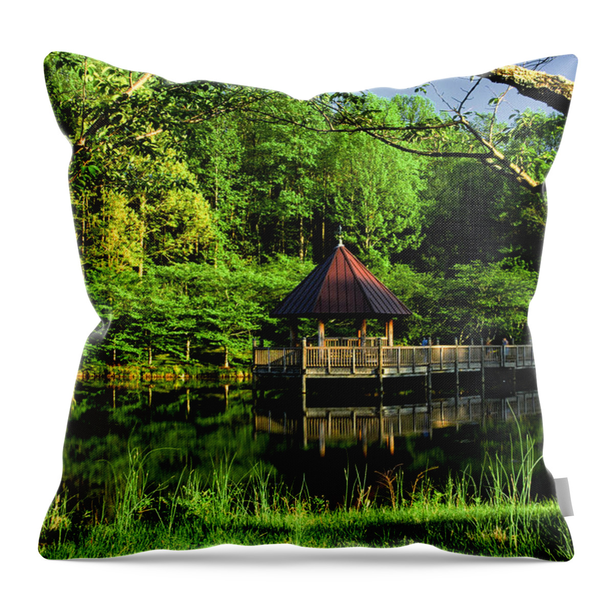 Lush Throw Pillow featuring the photograph Lake and Gazebo on a Spring Afternoon by Steve Ember