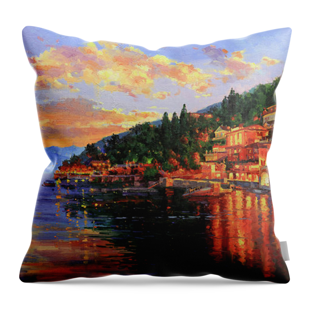 Italy Lake Como Bellagio Sunset Lake Lakecomo Sunset Dusk Sky Clouds Village Water Photographs Lake Como Original Italy Oil Painting Bellagio Sunset Lake Alps Lago Como Sky Clouds Buildings City Town Village Water Wall Art Framed Prints Old Village Paintings Landscape Cityscape Scenic Romantic Tuscany Oil Landscape Poppy Olive Village Chianti Wall Art Posters Tuscany Old Village Paintings Landscape Cityscape Scenic Romantic Europe European Artist Gary Kim Canvas Original Oil Painting Art Throw Pillow featuring the painting Lake Como Sunset by Gary Kim