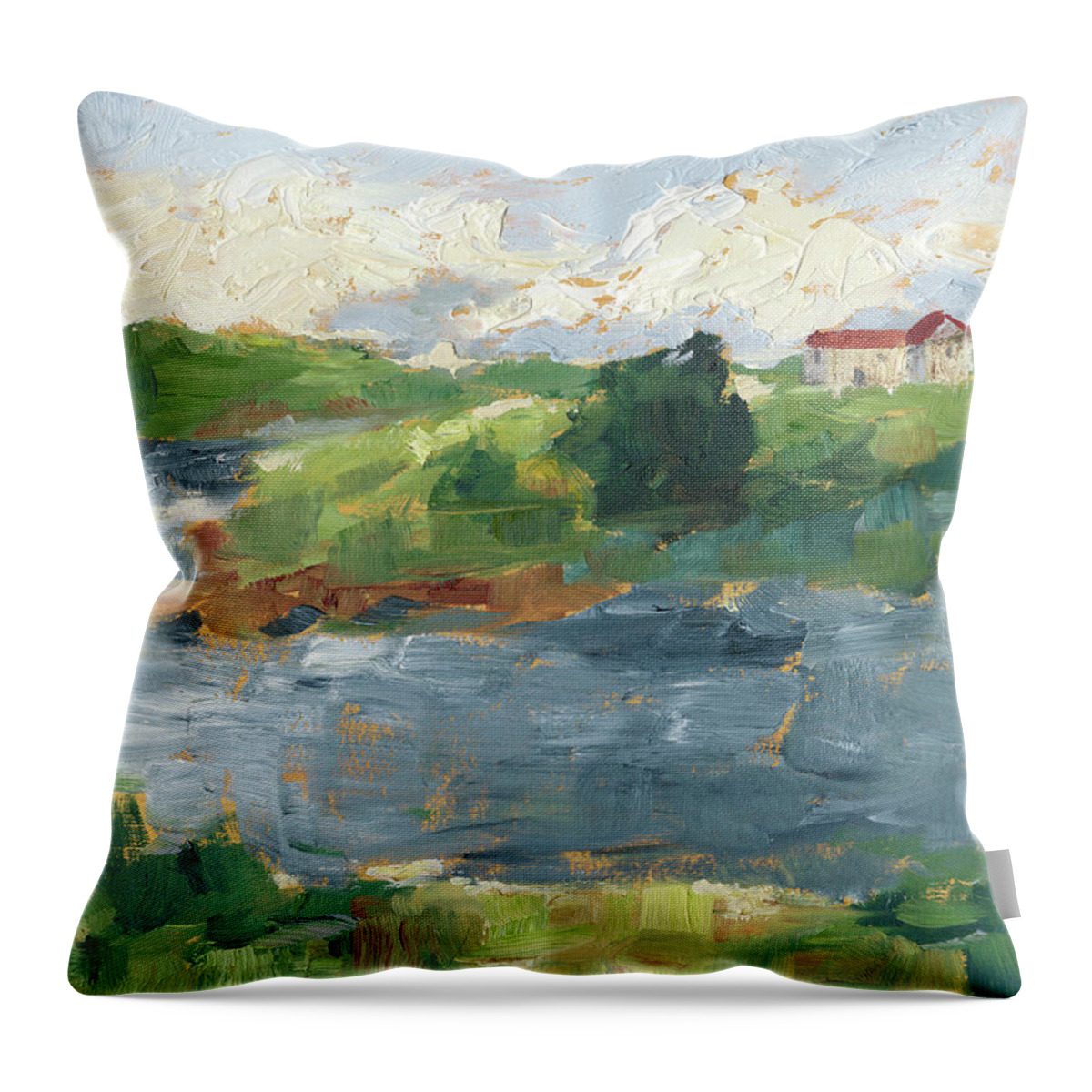 Landscapes & Seascapes+lakes & Rivers Throw Pillow featuring the painting Lakeside Cottages Iv by Ethan Harper