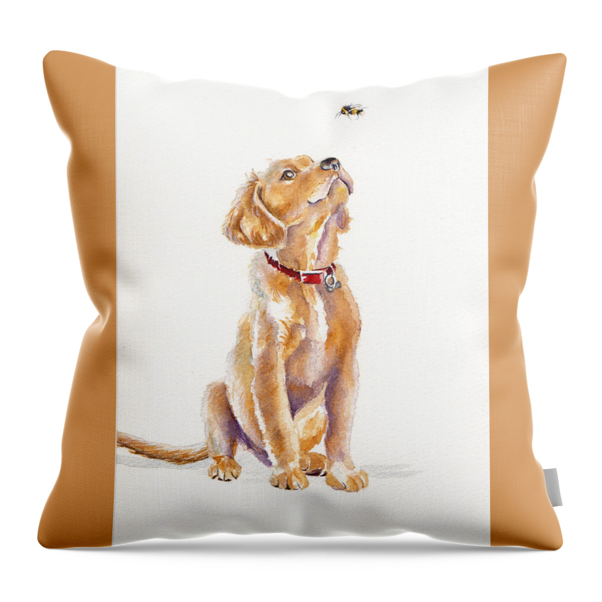 Labrador Throw Pillow featuring the painting Leave It, Charlie - Labrador Retriever Puppy by Debra Hall