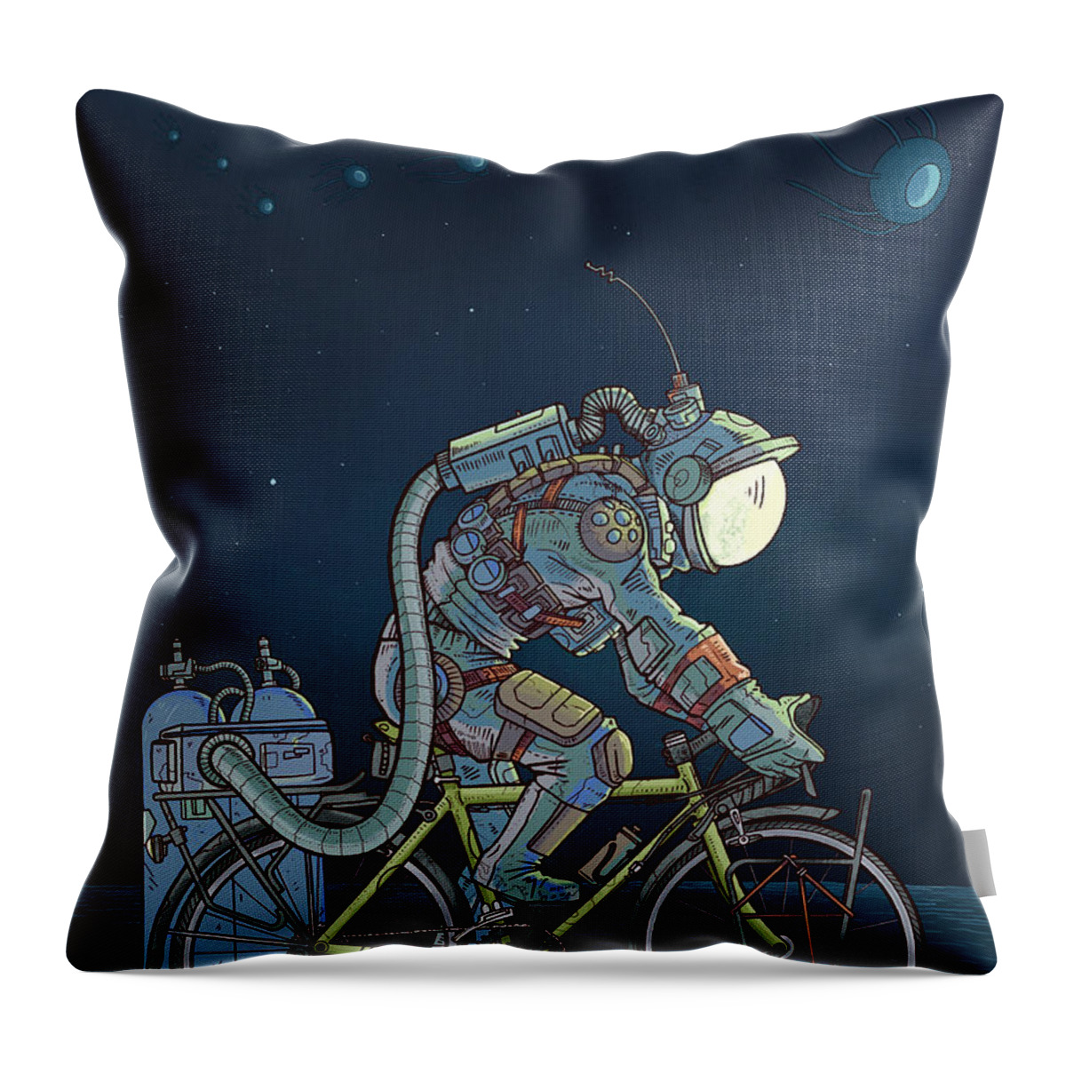 Digitalart Space Scifi Alien Bikes Cycling Spacesuit Scifiart Throw Pillow featuring the digital art LFT, -260 Degrees by EvanArt - Evan Miller