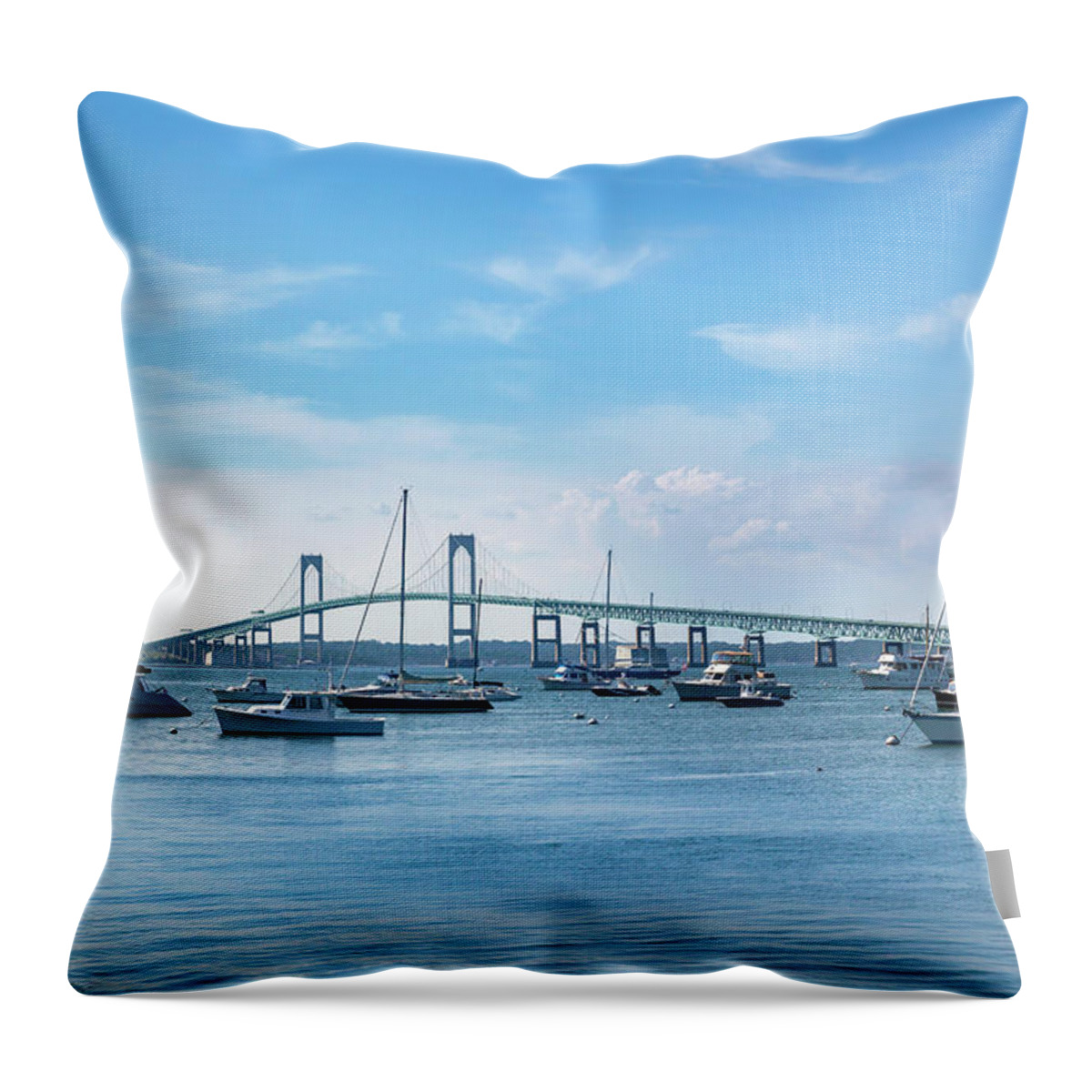 Estock Throw Pillow featuring the digital art Lighthouse & Bridge, Newport, Ri by Lumiere