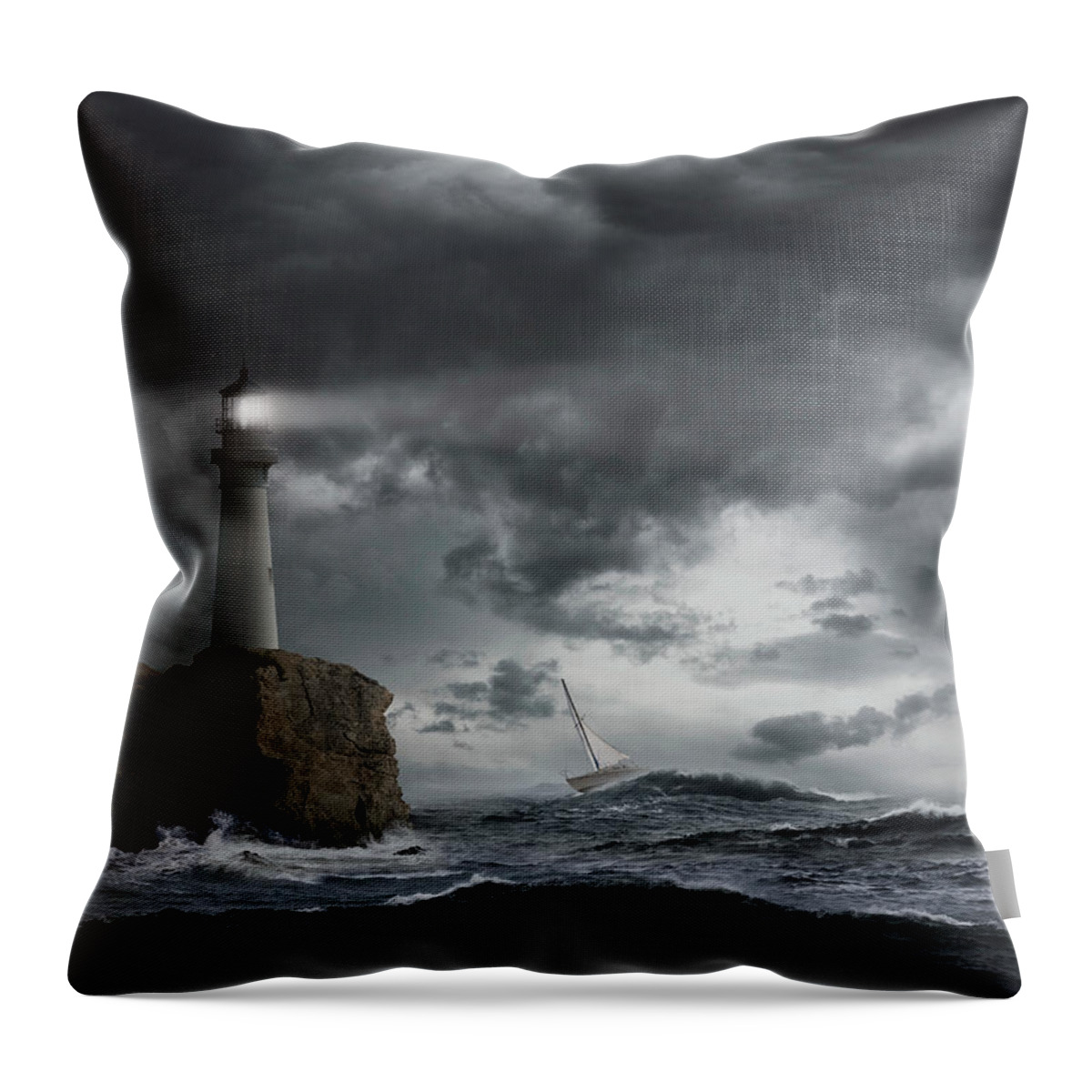 Risk Throw Pillow featuring the photograph Lighthouse Shining Over Stormy Ocean by John M Lund Photography Inc