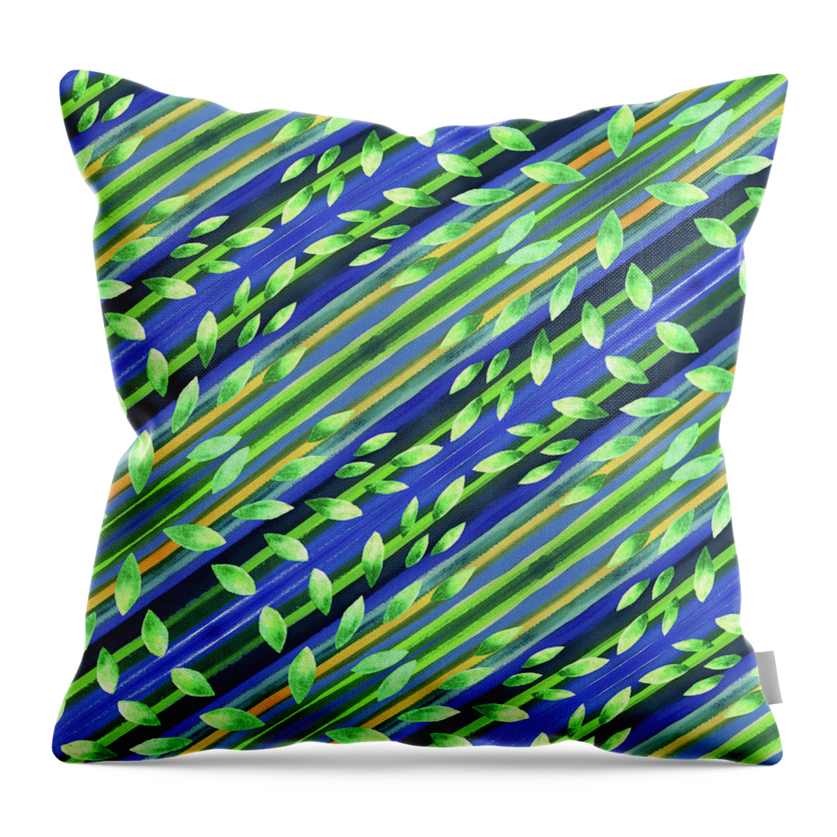 Green Throw Pillow featuring the painting Lines And Leaves Nature Pattern II by Irina Sztukowski