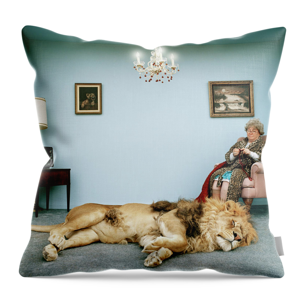 Pets Throw Pillow featuring the photograph Lion Lying On Rug, Mature Woman Knitting by Matthias Clamer