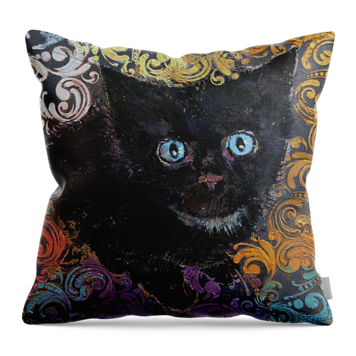 Halloween Throw Pillow featuring the painting Little Black Kitten by Michael Creese
