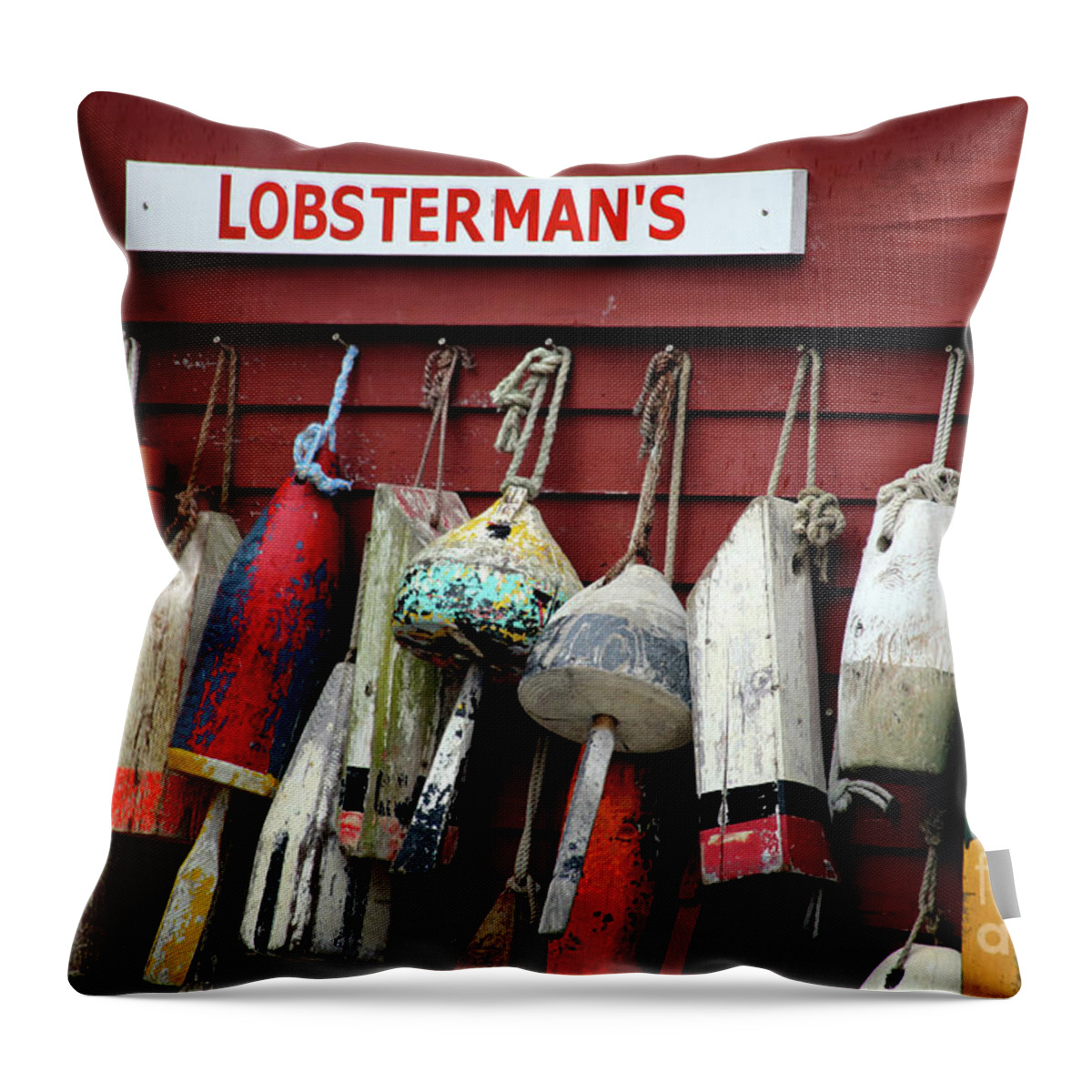 Lobster Pot Markers Throw Pillow featuring the photograph Lobsterman's by Terri Brewster
