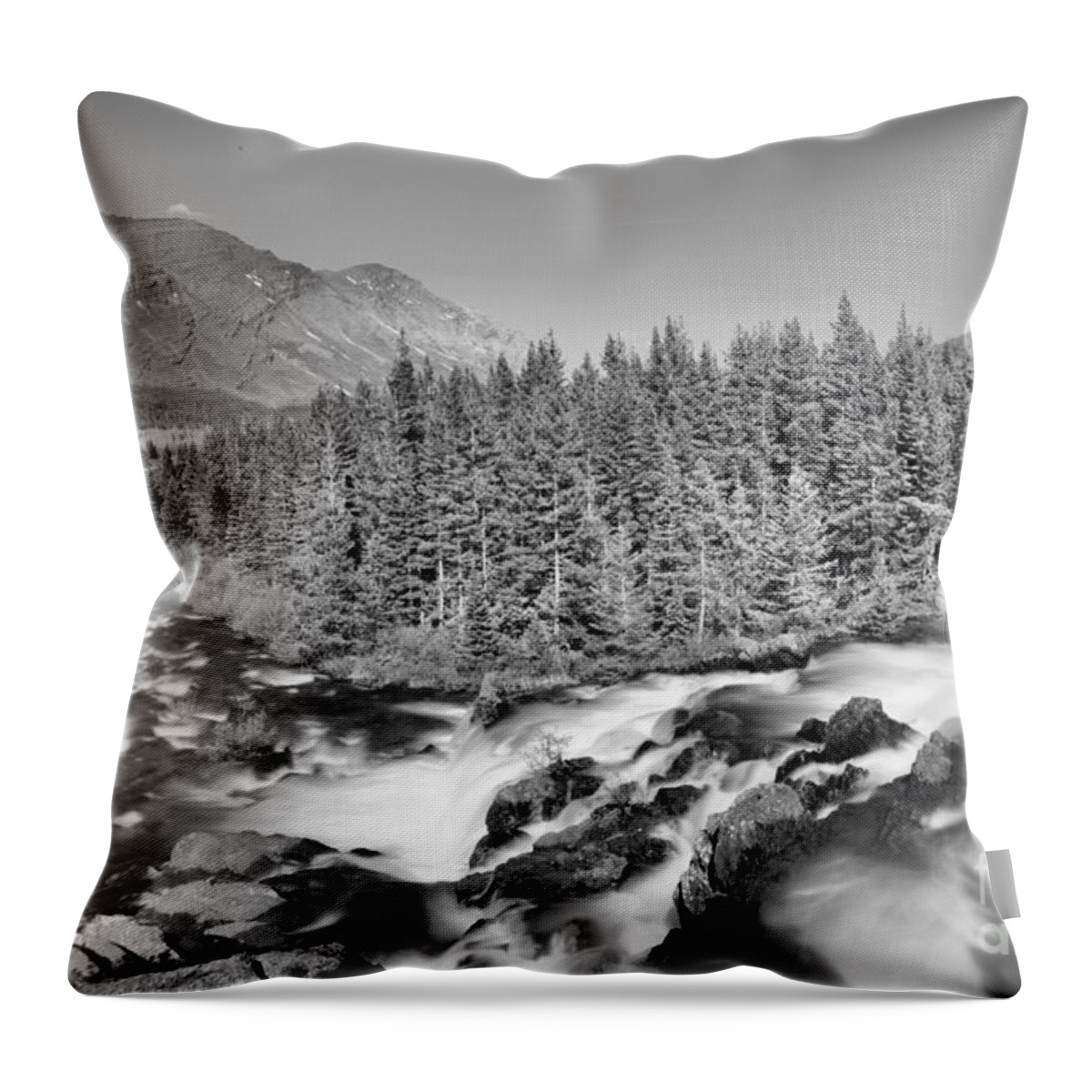 Red Rock Falls Throw Pillow featuring the photograph Looking Down Glacier Red Rock Falls Black And White by Adam Jewell