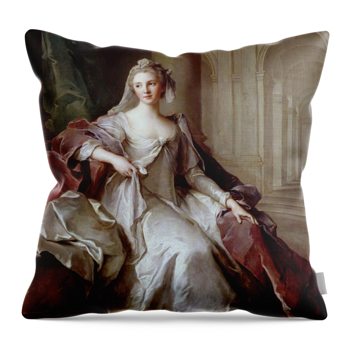 Madame Henriette De France Throw Pillow featuring the painting Madame Henriette de France as a Vestal Virgin by Jean Marc Nattier by Rolando Burbon