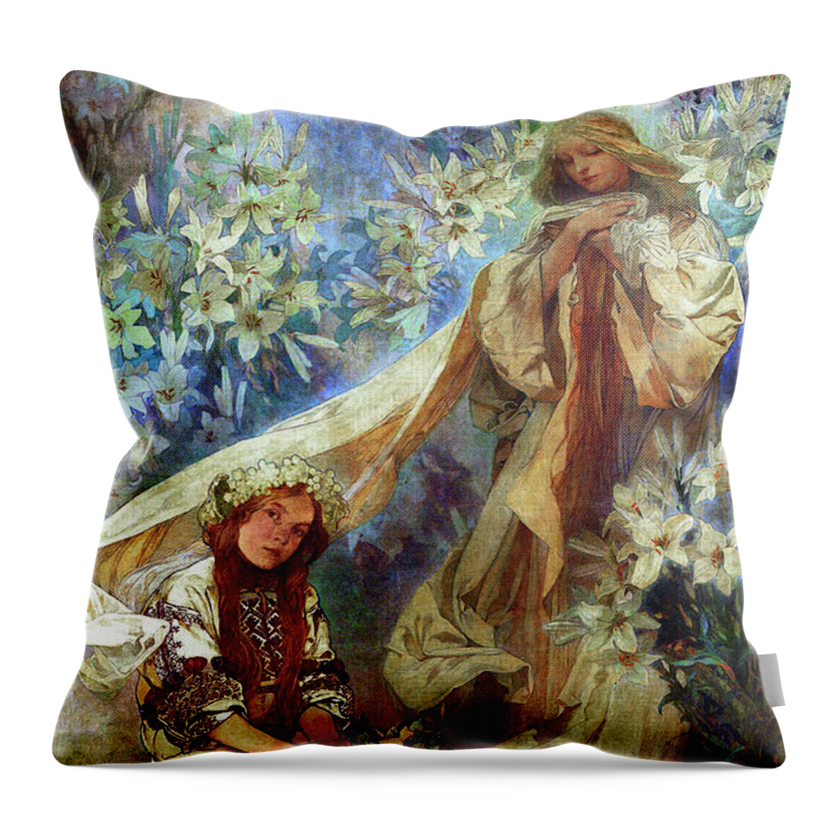 Madonna Of The Lilies Throw Pillow featuring the painting Madonna of the Lilies by Alphonse Mucha by Rolando Burbon