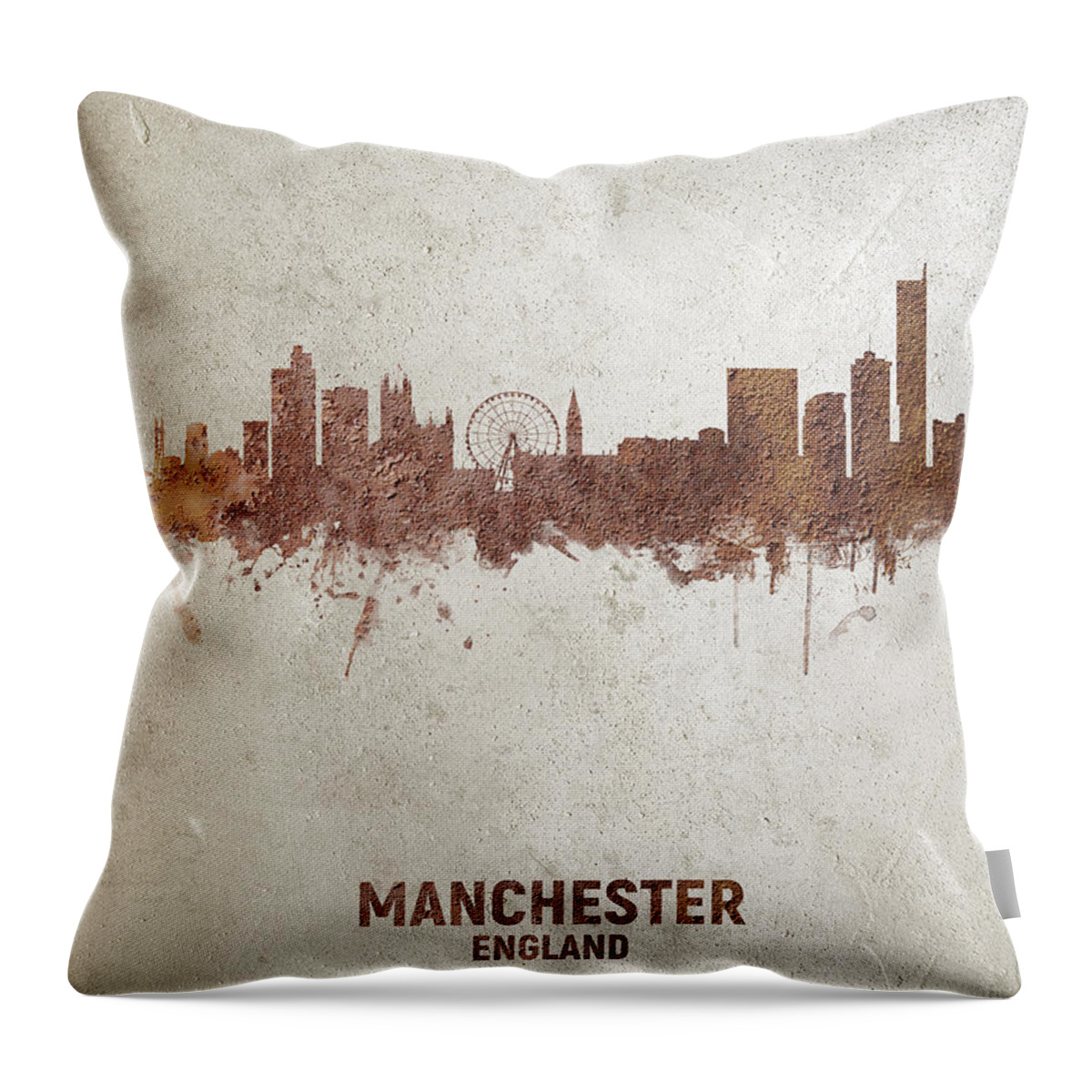 Manchester Throw Pillow featuring the digital art Manchester England Rust Skyline by Michael Tompsett