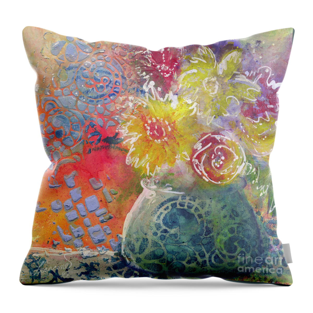 Mixed Media Throw Pillow featuring the mixed media Marabu Flowers 1 by Francine Dufour Jones